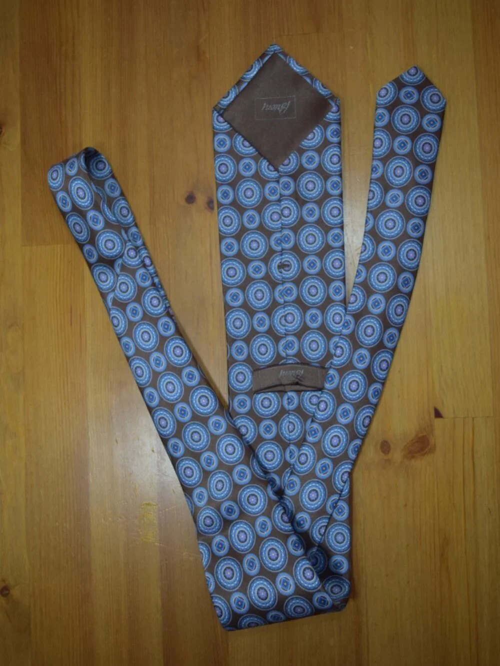 $840 BRIONI Brown Aqua Blue Geometric Medallion Handmade Italy Silk Neck Tie XL